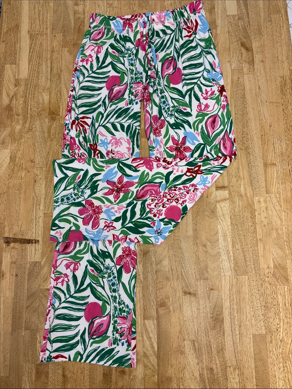 Lilly Pulitzer PJ Knit Pants You Me and Giraffe Pink Green Wide Leg Lounge XS